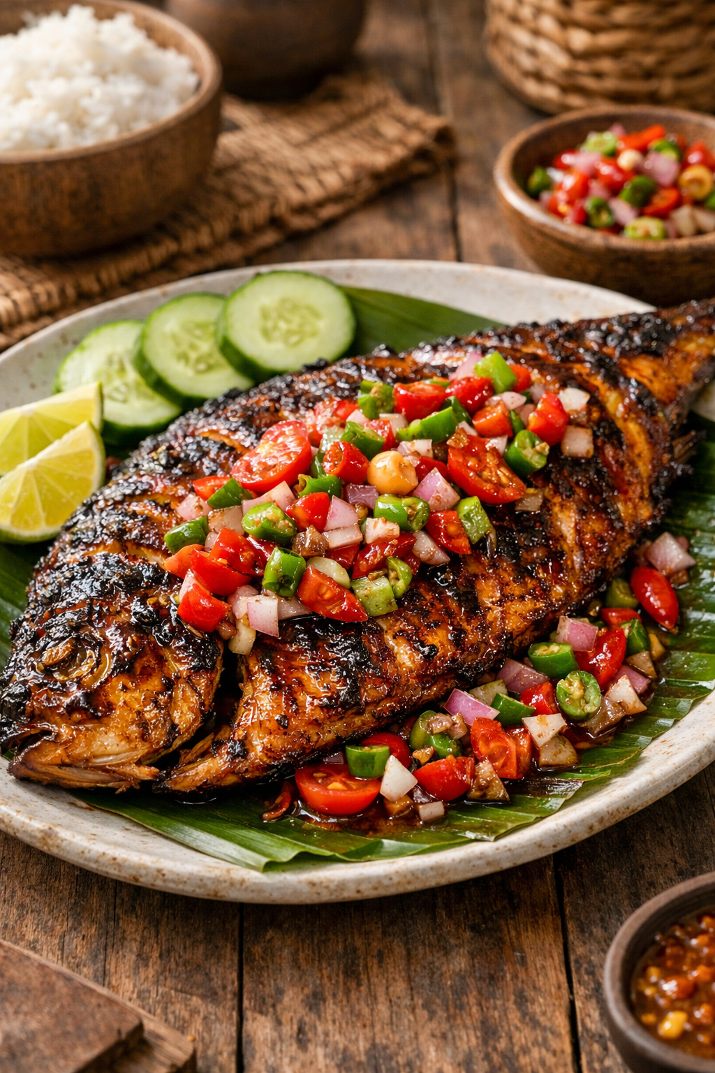 Ikan panggang madu dengan permukaan karamelisasi kecokelatan disajikan bersama sambal dabu-dabu segar berbahan cabai, bawang, dan tomat.